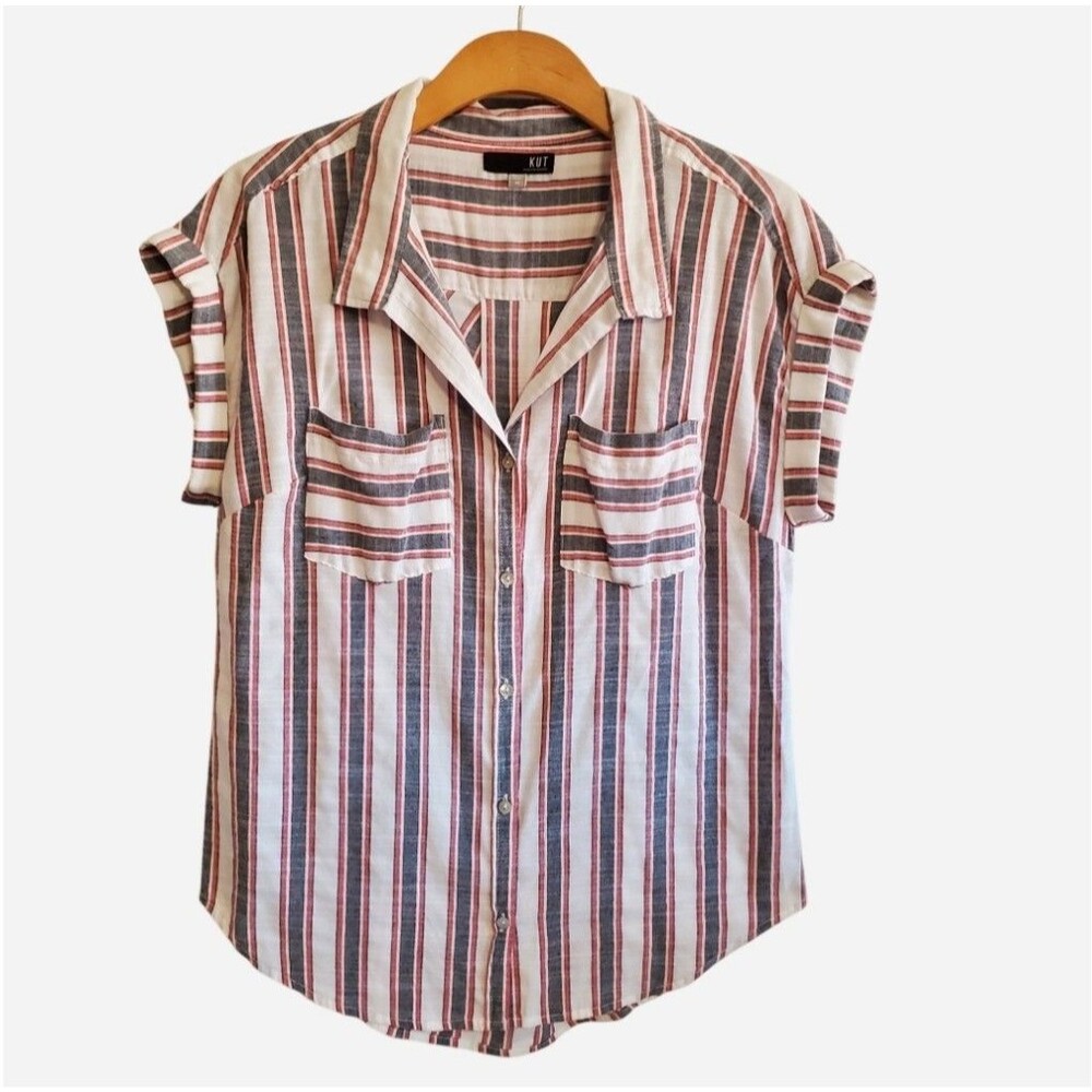 Kut From the Kloth Striped Button Up Top Boxy Fit Coastal Boho Preppy Size M